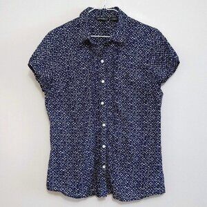 Eddie Bauer Cotton Button Up Top Women's Size PM  Blue White Print Short Sleeve